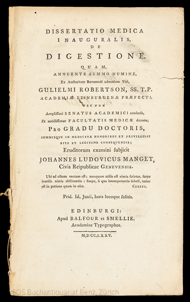 Dissertatio medica inauguralis, de digestione. - EOS BUCHANTIQUARIAT BENZ Manget, John Luke: -Dissertatio medica inauguralis, de digestione.