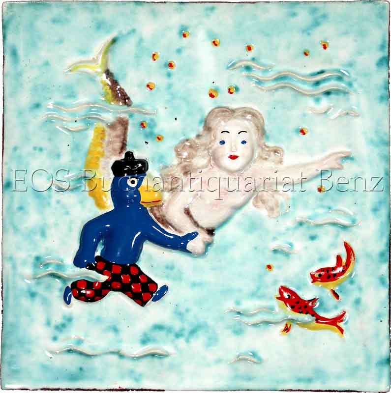 Keramikkachel mit Globimotiv (Globi mit Meerjungfrau), - EOS BUCHANTIQUARIAT BENZ Lips, Robert: -Keramikkachel mit Globimotiv (Globi mit Meerjungfrau),