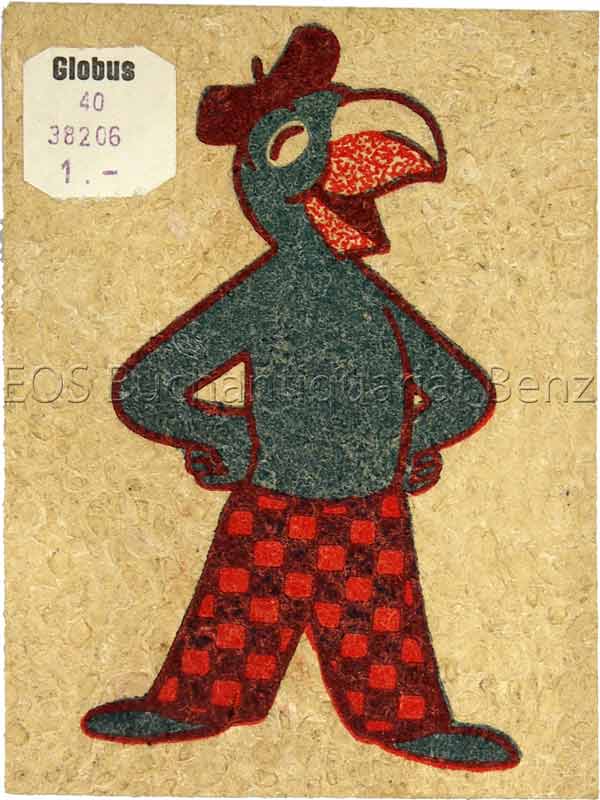 Schiefertafelschwamm (10 x 7,5 cm) mit farbigem Globimotiv. - EOS BUCHANTIQUARIAT BENZ Lips, Robert: -Schiefertafelschwamm (10 x 7,5 cm) mit farbigem Globimotiv.