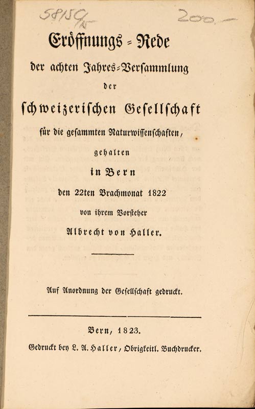 Eröffnungs-Rede der achten Jahres-Versammlung der schweizerischen Gesellschaft für die gesammten Naturwissenschaften gehalten in Bern den 22ten Brachmonat 1822. - EOS BUCHANTIQUARIAT BENZ Haller, Albrecht von: -Eröffnungs-Rede der achten Jahres-Versammlung der schweizerischen Gesellschaft für die gesammten Naturwissenschaften gehalten in Bern den 22ten Brachmonat 1822.