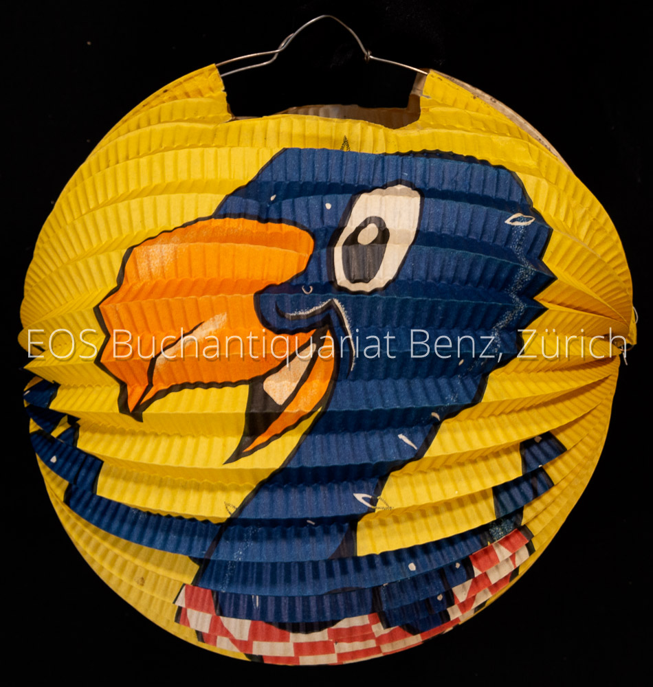 Gelber Lampion mit farbigem Globimotiv Ø 24 cm. - EOS BUCHANTIQUARIAT BENZ Lips, Robert: -Gelber Lampion mit farbigem Globimotiv Ø 24 cm.