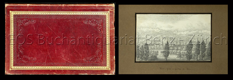 Album mit insgesamt 30 gezeichneten Ansichten (meist ca. 12 x 19 cm), auf grauem Papier montiert. - EOS BUCHANTIQUARIAT BENZ -Album mit insgesamt 30 gezeichneten Ansichten (meist ca. 12 x 19 cm), auf grauem Papier montiert.