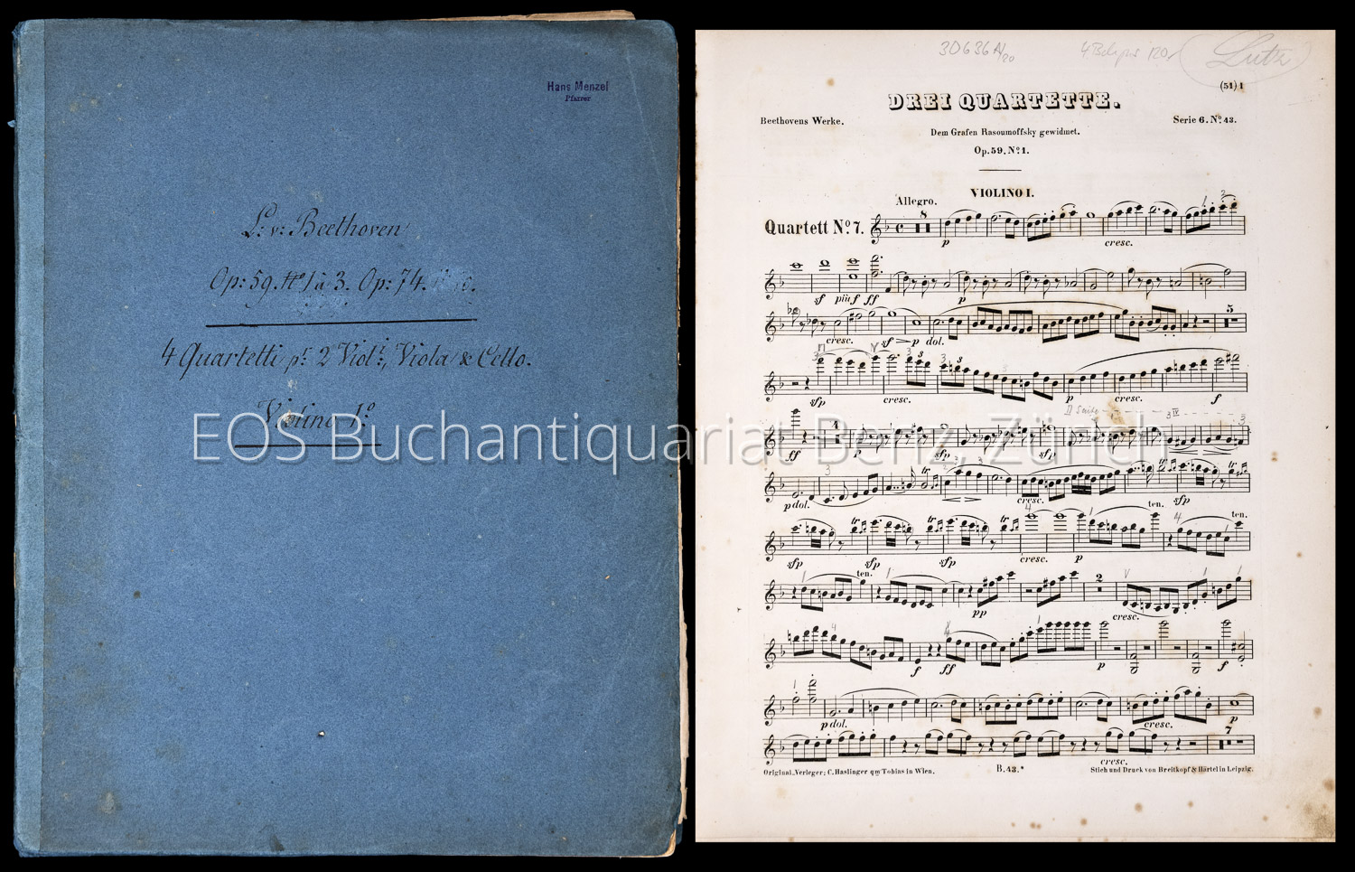 (4) Quartette für 2 Violinen, Bratsche und Violoncell. - EOS BUCHANTIQUARIAT BENZ Beethoven, Ludwig van: -(4) Quartette für 2 Violinen, Bratsche und Violoncell.