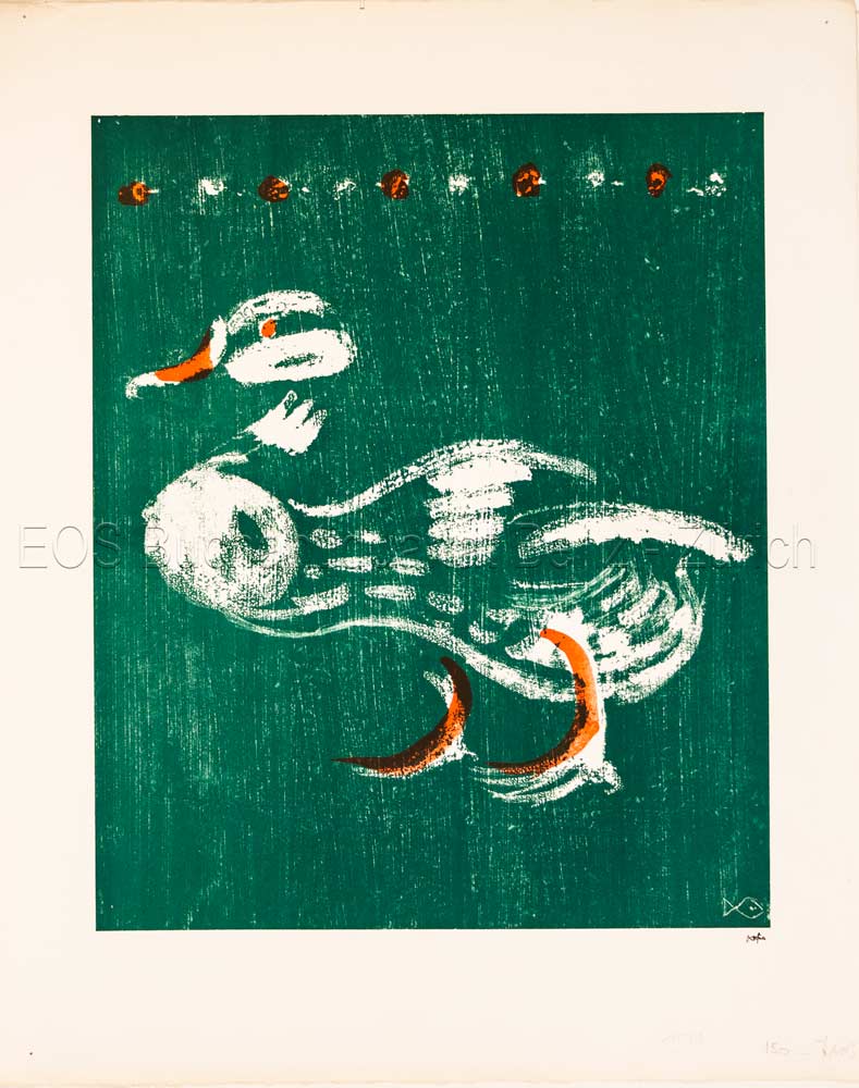 Fischer, Hans (1909–1958): -Weisse Ente auf grünem Grund.