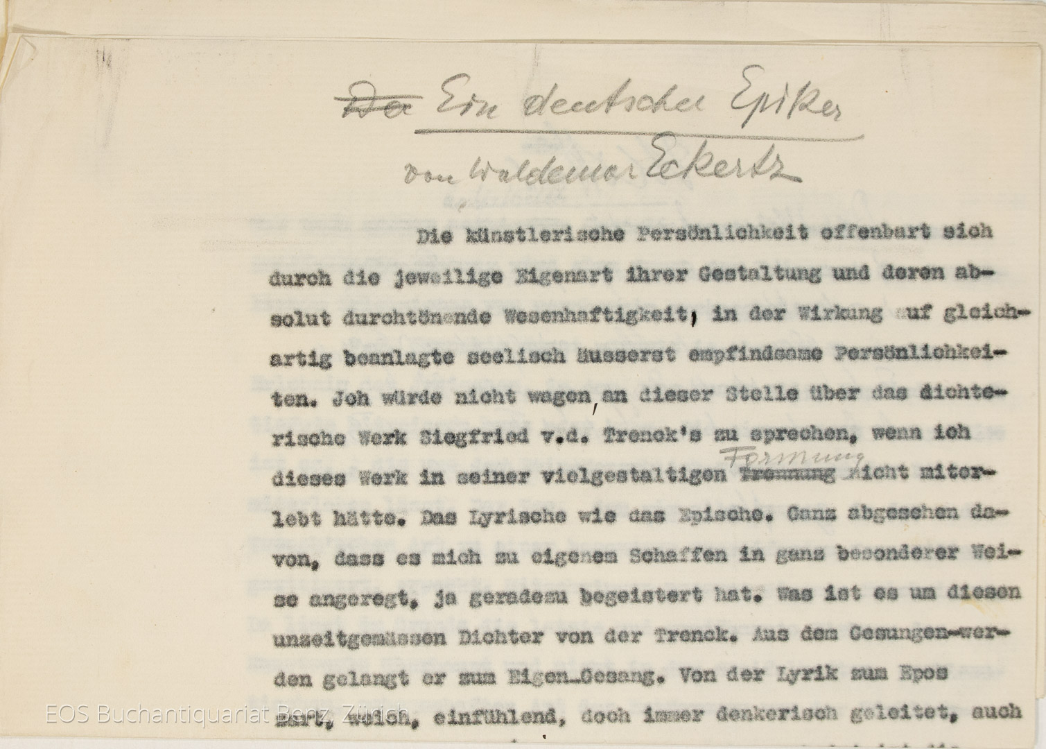 Eckertz, Waldemar: -Ein deutscher Epiker von Waldemar Eckertz.