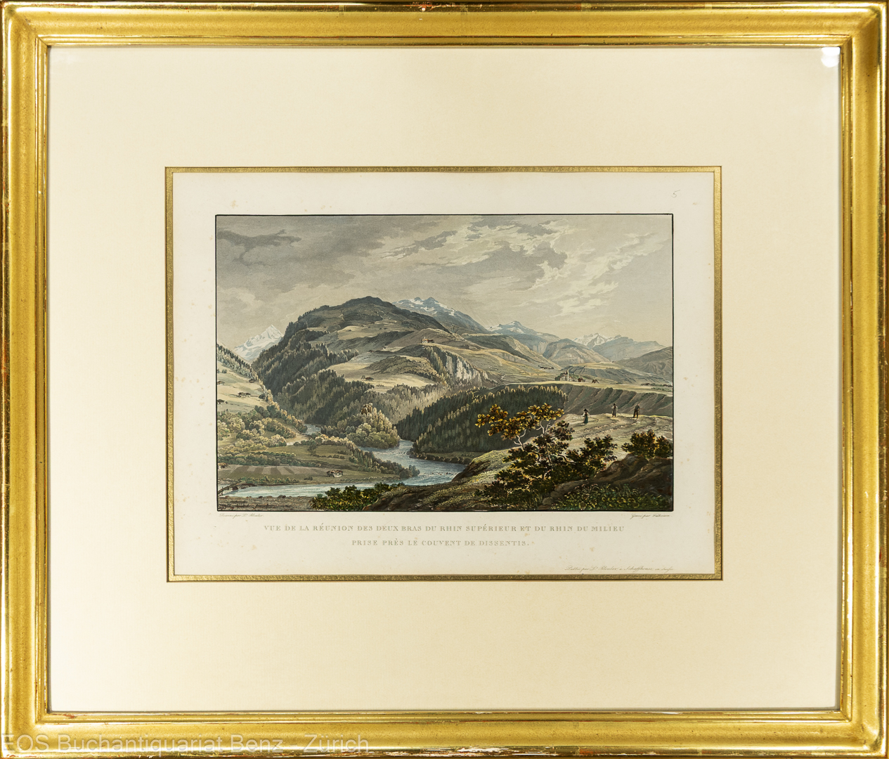 Bleuler, Johann Ludwig -(1792–1850): Vue de la réunion des deux bras du Rhin supérieur et du Rhin milieu prise près le couvent de Dissentis.