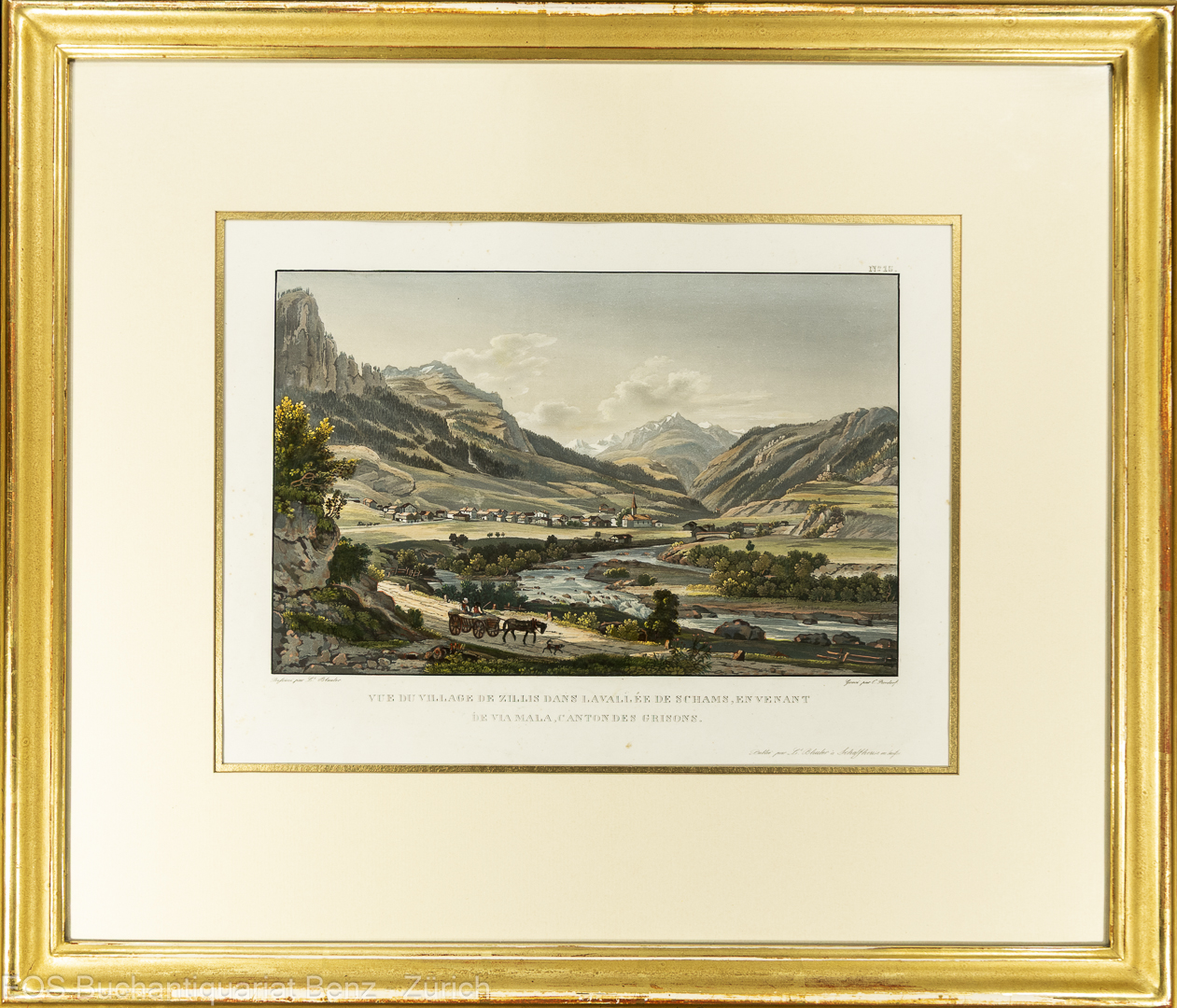 Bleuler, Johann Ludwig -(1792–1850): Vue du village de Zillis dans la vallée de Schams, en venant de Via Mala, canton de Grisons.