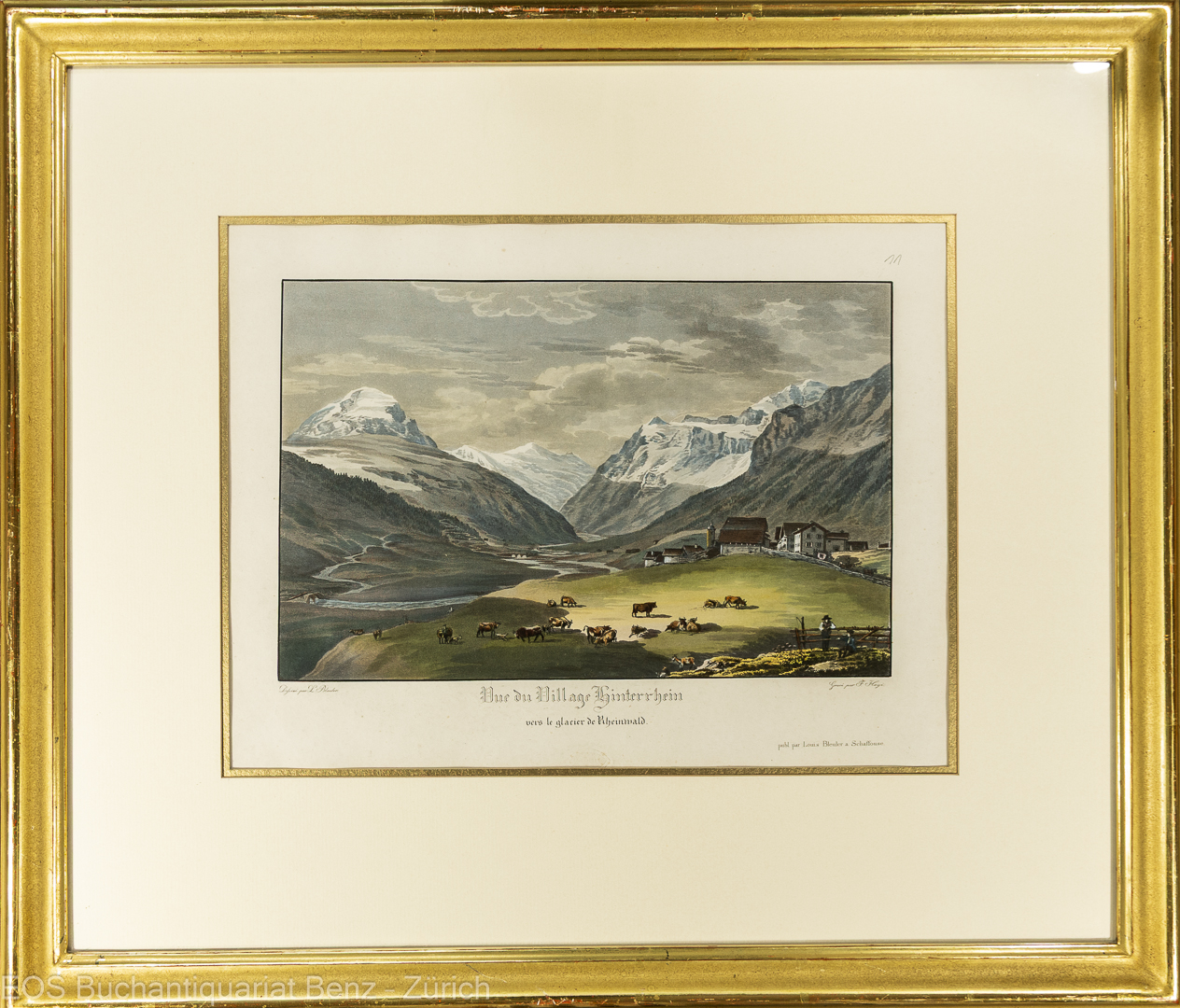Bleuler, Johann Ludwig -(1792–1850): Vue du village Hinterrhein vers le glacier Rheinwald.