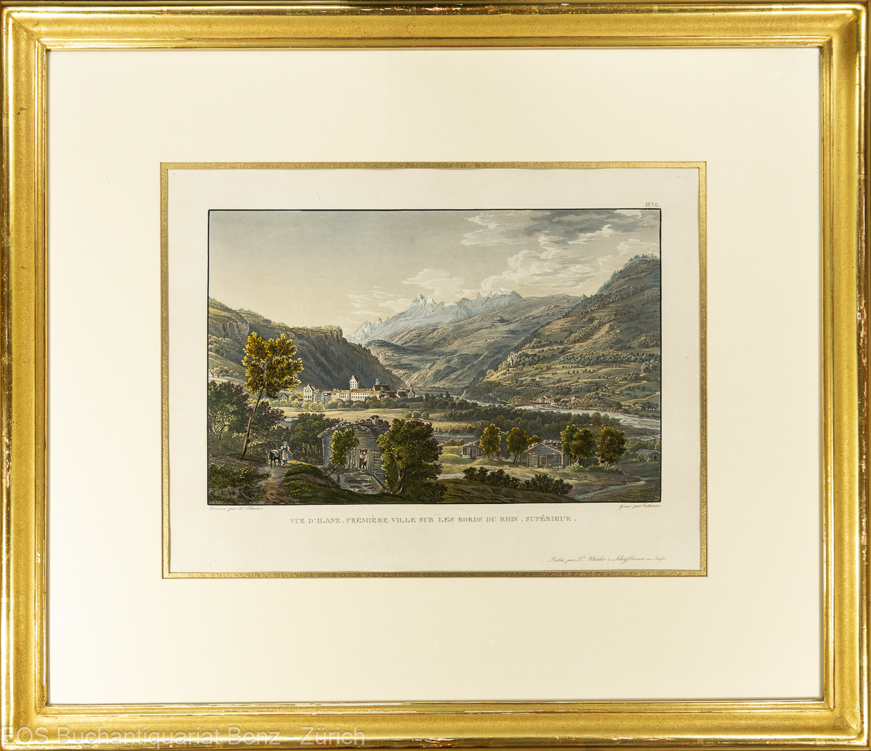 Bleuler, Johann Ludwig -(1792-1850): Vue d'Ilanz, première ville sur les bord du Rhin supérieur.
