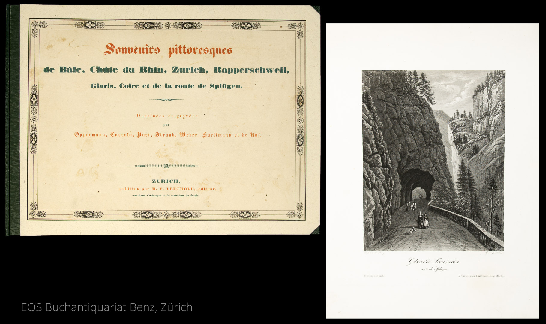 -Souvenirs pittoresques de Bâle, Chûte du Rhin, Zurich, Rapperschweil, Glaris, Coire et de La route de Splügen.